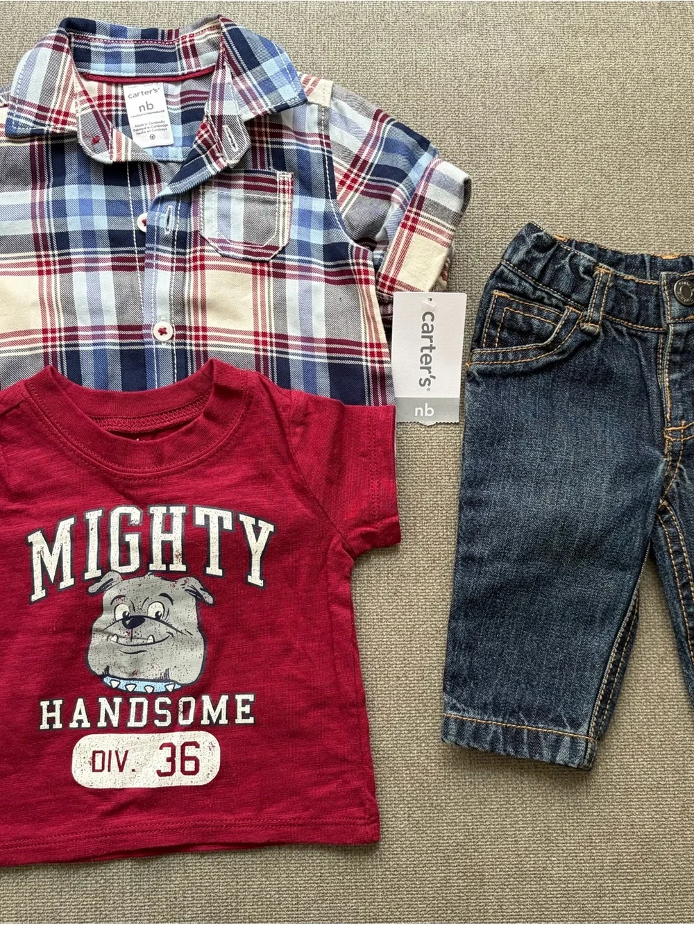 Carters Denim Pants with Plaid Shirt plus Four Pack Long Sleeve Onesies- Newborn